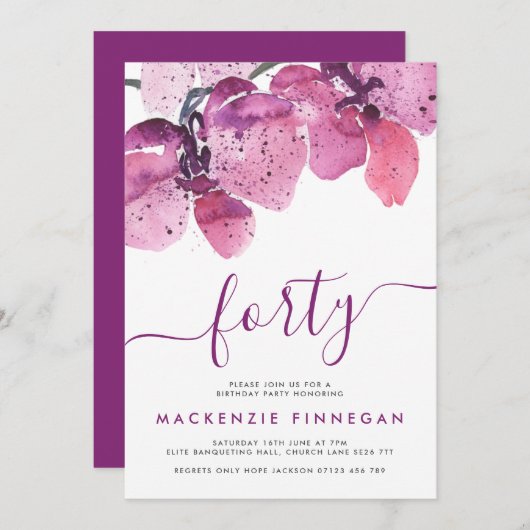 水彩パープルオーキッド 40歳の誕生日パーティー 招待状 (正面/裏面)