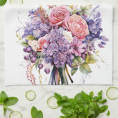 水彩パープルガーデンフラワーブーケフローラ キッチンタオル (折り畳み)