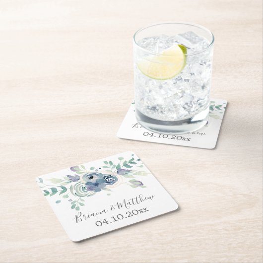 水彩パープルグリーンフローラエレガントな結婚式 スクエアペーパーコースター (インサイチュ)