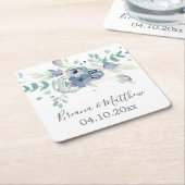 水彩パープルグリーンフローラエレガントな結婚式 スクエアペーパーコースター (アングル)