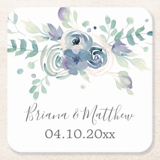 水彩パープルグリーンフローラエレガントな結婚式 スクエアペーパーコースター (正面)