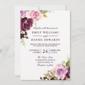 水彩パープルグリーン結婚リーフ 招待状 (正面)