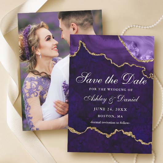 水彩パープルゴールドマーブルアゲートジオード写真 セーブザデート