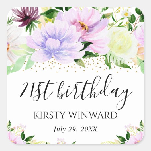 水彩パープルサマーフラワーズ誕生日 スクエアシール (正面)