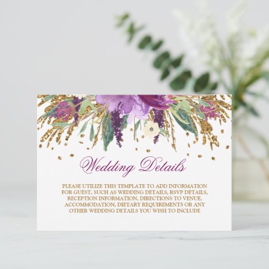 水彩パープルスパークリングアメシストの結婚式詳細 エンクロージャーカード (スタンド正面)