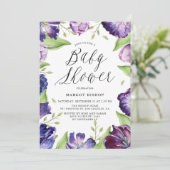 水彩パープルチューリップフローラフレームベビーシャワー 招待状 (スタンド正面)