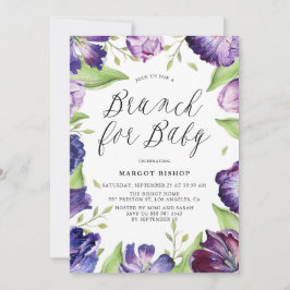 水彩パープルチューリップ枠ベビーシャワーブランチ 招待状