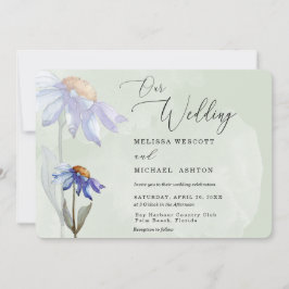 水彩パープルデイジー素朴ス結婚セージグリーン 招待状