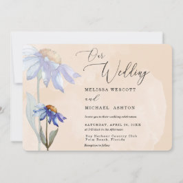 水彩パープルデイジー素朴ス結婚ピーチ 招待状