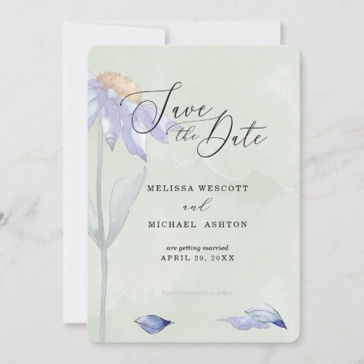 水彩パープルデイジー素朴セージ結婚グリーン セーブザデート (正面)