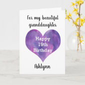 水彩パープルハートハッピー19誕生日 カード (黄色い花)