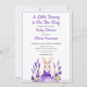 水彩パープルバニーガールフローラベビーシャワー 招待状 (正面)