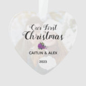 水彩パープルバラカップル写真クリスマス オーナメント (裏面)