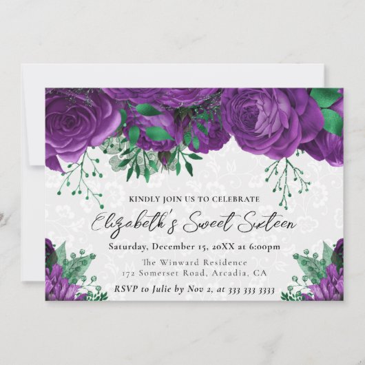 水彩パープルバラSweet sixteen 招待状 (正面)