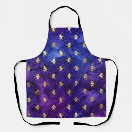 水彩パープルパターンと金ゴールドユニコーン エプロン