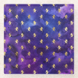 水彩パープルパターンと金ゴールドユニコーン ガラスコースター