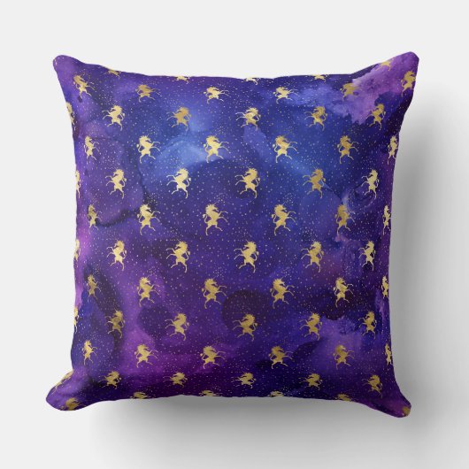 水彩パープルパターンと金ゴールドユニコーン クッション (正面)