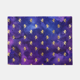 水彩パープルパターンと金ゴールドユニコーン ドアマット