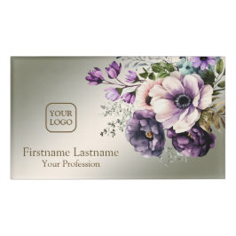 水彩パープルピンクの花が金色エレガント 名札