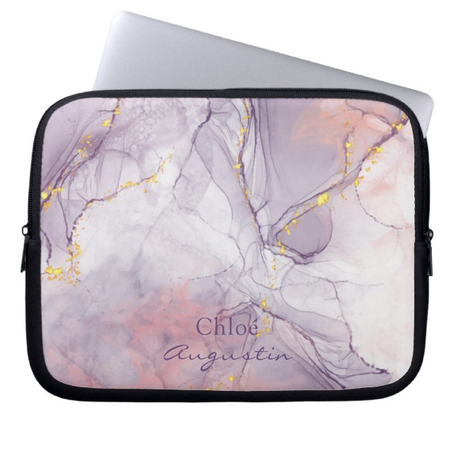 水彩パープルピンクアルコールインク金ゴールドグリッターC ラップトップスリーブ (正面)