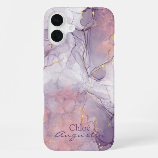 水彩パープルピンクアルコールインク金ゴールドグリッターC iPhoneケース (裏面)