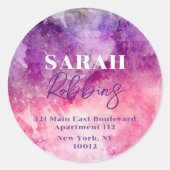 水彩パープルピンクラウンド差出人住所ラベル ラウンドシール (正面)