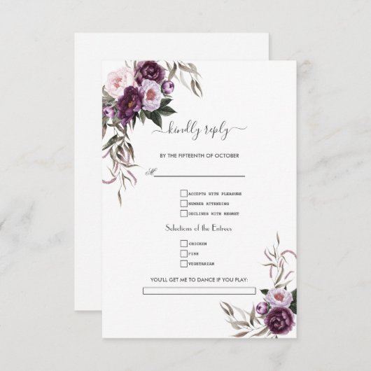 水彩パープルフラワーズソングリクエス結婚ト 出欠カード (正面/裏面)