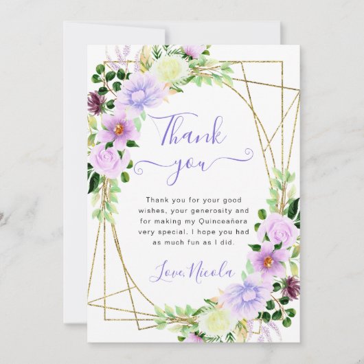水彩パープルフラワーズ金ゴールドフレームキンセアニェラ サンキューカード (正面)