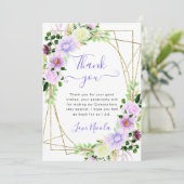 水彩パープルフラワーズ金ゴールドフレームキンセアニェラ サンキューカード (スタンド正面)