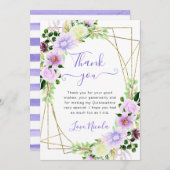 水彩パープルフラワーズ金ゴールドフレームキンセアニェラ サンキューカード (正面/裏面)