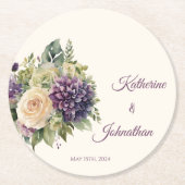 水彩パープルフラワーブーケ紙コースター ラウンドペーパーコースター (正面)