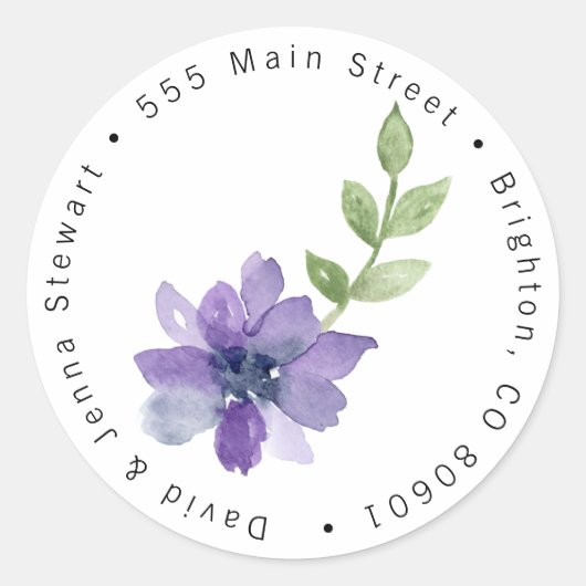 水彩パープルフラワーラウンド住所 シール (正面)