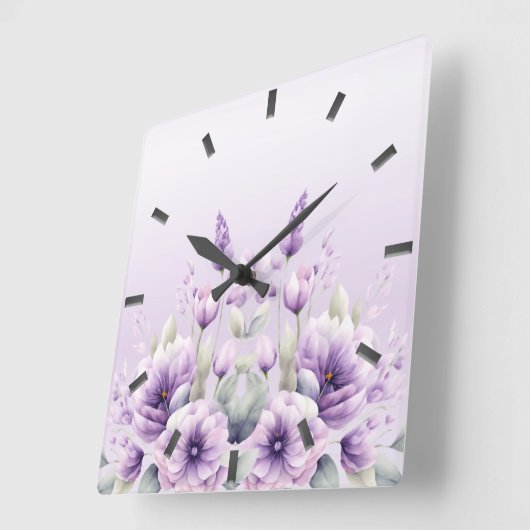 水彩パープルフローラウォールクロック スクエア壁時計 (傾斜)