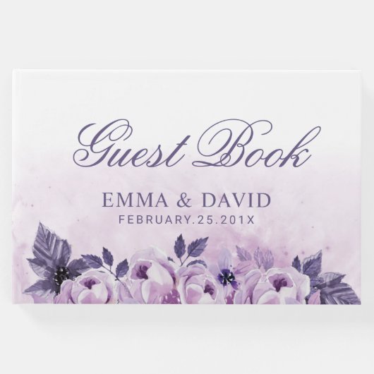 水彩パープルフローラエレガント春の結婚式 ゲストブック (正面)