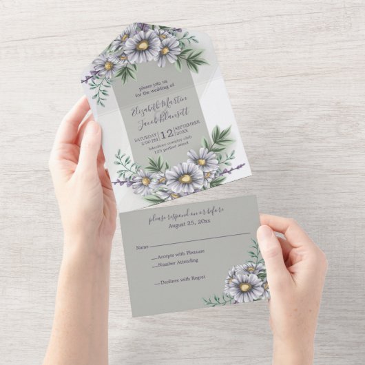 水彩パープルフローラオールインワン招待状 オールインワン招待状 (貼ってはがせる)