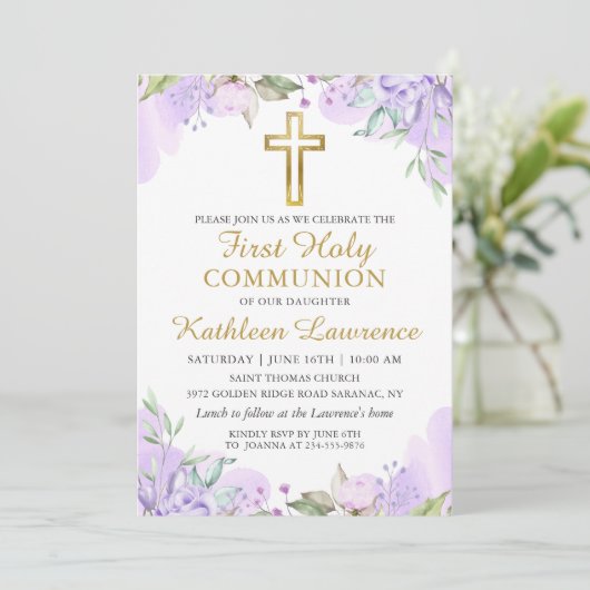 水彩パープルフローラガールファースト聖餐式 招待状 (スタンド正面)