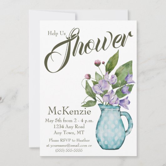 水彩パープルフローラスイートピーズベビーシャワー 招待状 (正面)