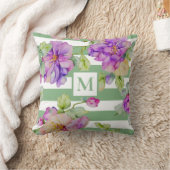 水彩パープルフローラセージ緑の白いストリップ クッション (ブランケット)