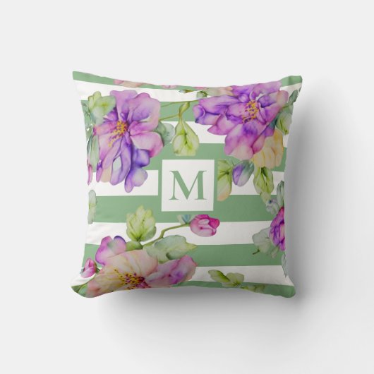 水彩パープルフローラセージ緑の白いストリップ クッション (正面)