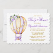 水彩パープルフローラバルーンバウンドベビーシャワー 招待状 (正面)