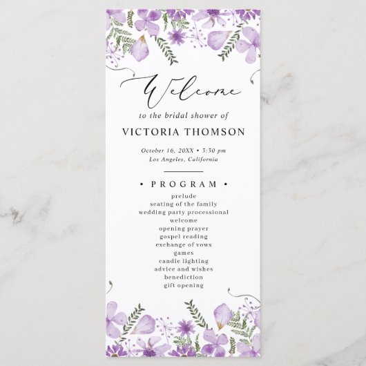水彩パープルフローラブライダルシャワープログラム プログラム (正面)