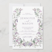 水彩パープルフローラリースボヘミ結婚アン 招待状 (正面)