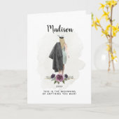 水彩パープルフローラ卒業ブロンドガール カード (黄色い花)