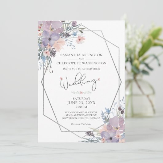 水彩パープルフローラ山花幾何学模様 招待状 (スタンド正面)