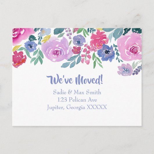水彩パープルフローラ新住所のお知らせ 案内ポストカード (正面)