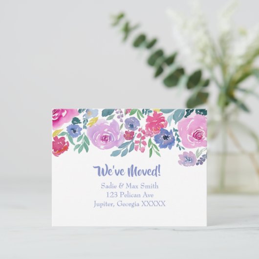 水彩パープルフローラ新住所のお知らせ 案内ポストカード (スタンド正面)