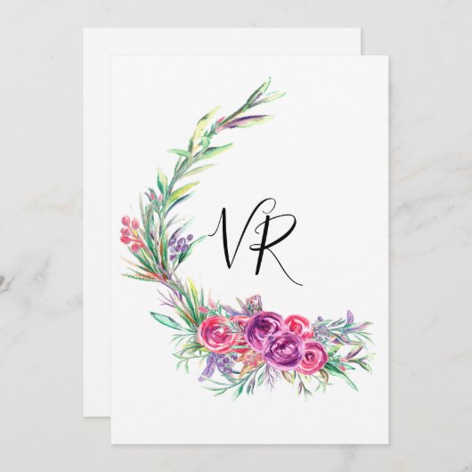 水彩パープルフローラ日付の結婚保存 セーブザデート (正面/裏面)