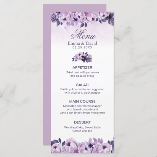 水彩パープルフローラ春の結婚式メニュー メニュー (正面/裏面)