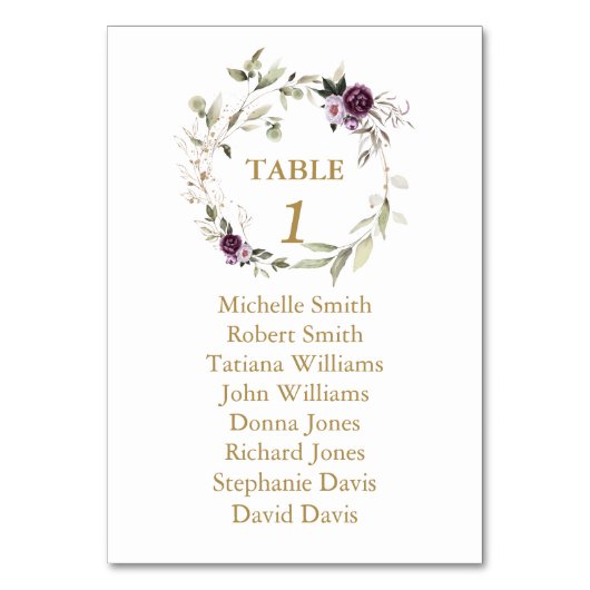 水彩パープルフローラ結婚のシーティングチャート テーブルナンバー (正面)