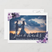 水彩パープルフローラ結婚の写真ありがとう ポストカード (正面/裏面)